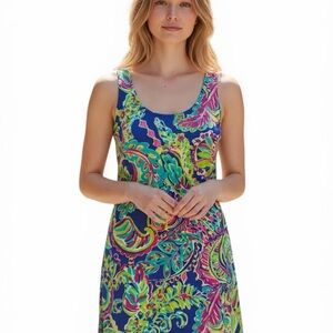 Women’s Scoop Lilly Pulitzer Jackie Silk Tank Dress Blue Pink Green Paisley Sz L